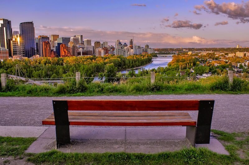 Calgary Skyline View from a Park Bench